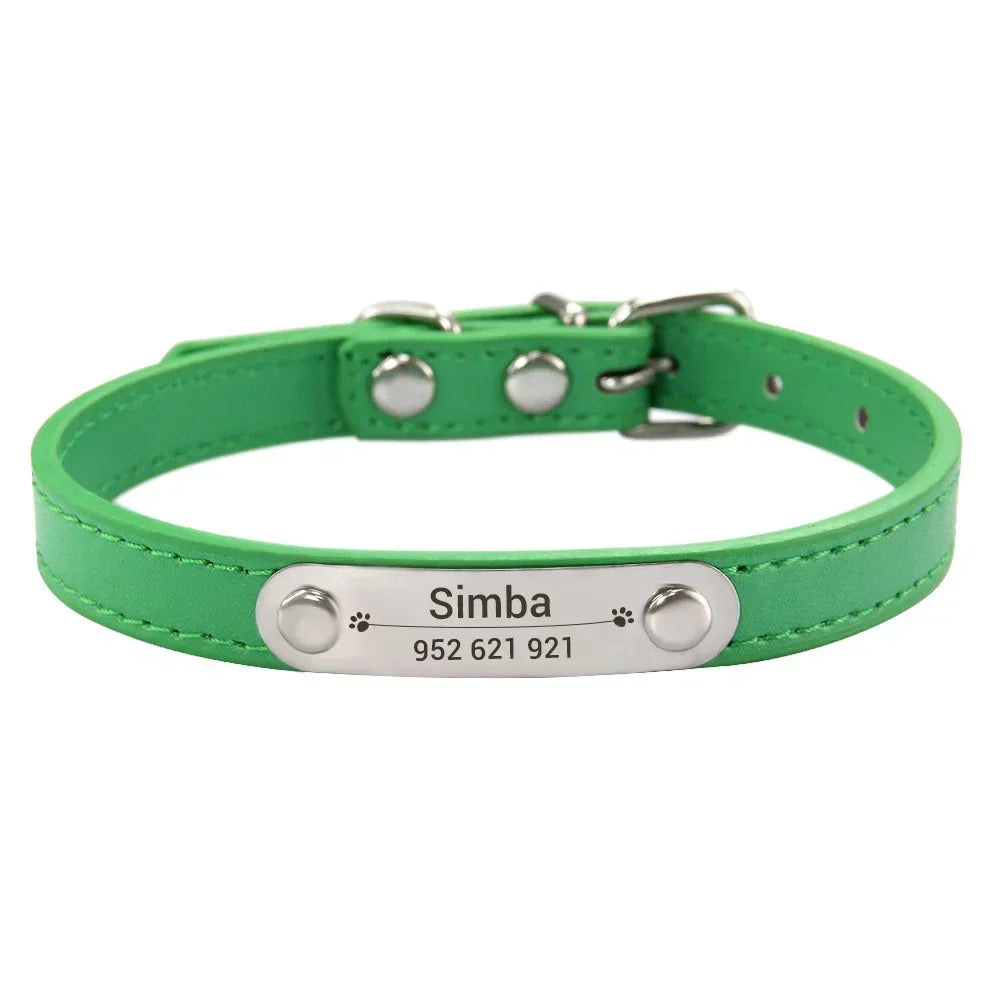 Personalized Dog Collar Name Carved ID Anti-lost Solid PU Leather Collar