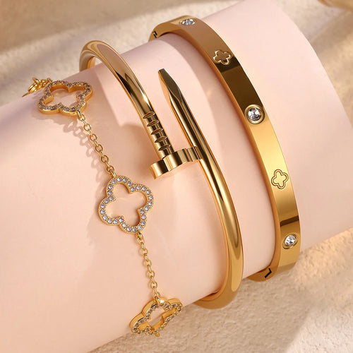Stainless Steel Gold Plated Four-Leaf Clover Stacked