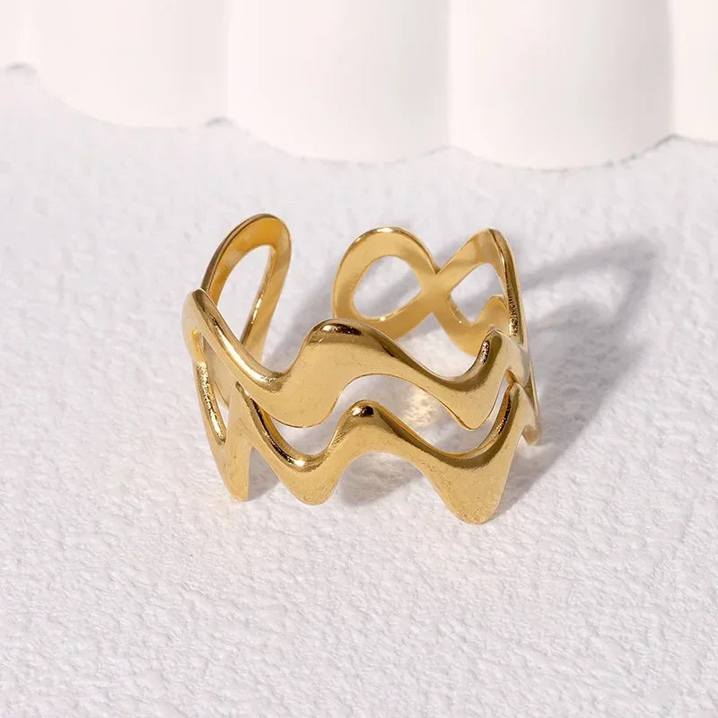 Wave Rings Gold Color Adjustable Opening Ring