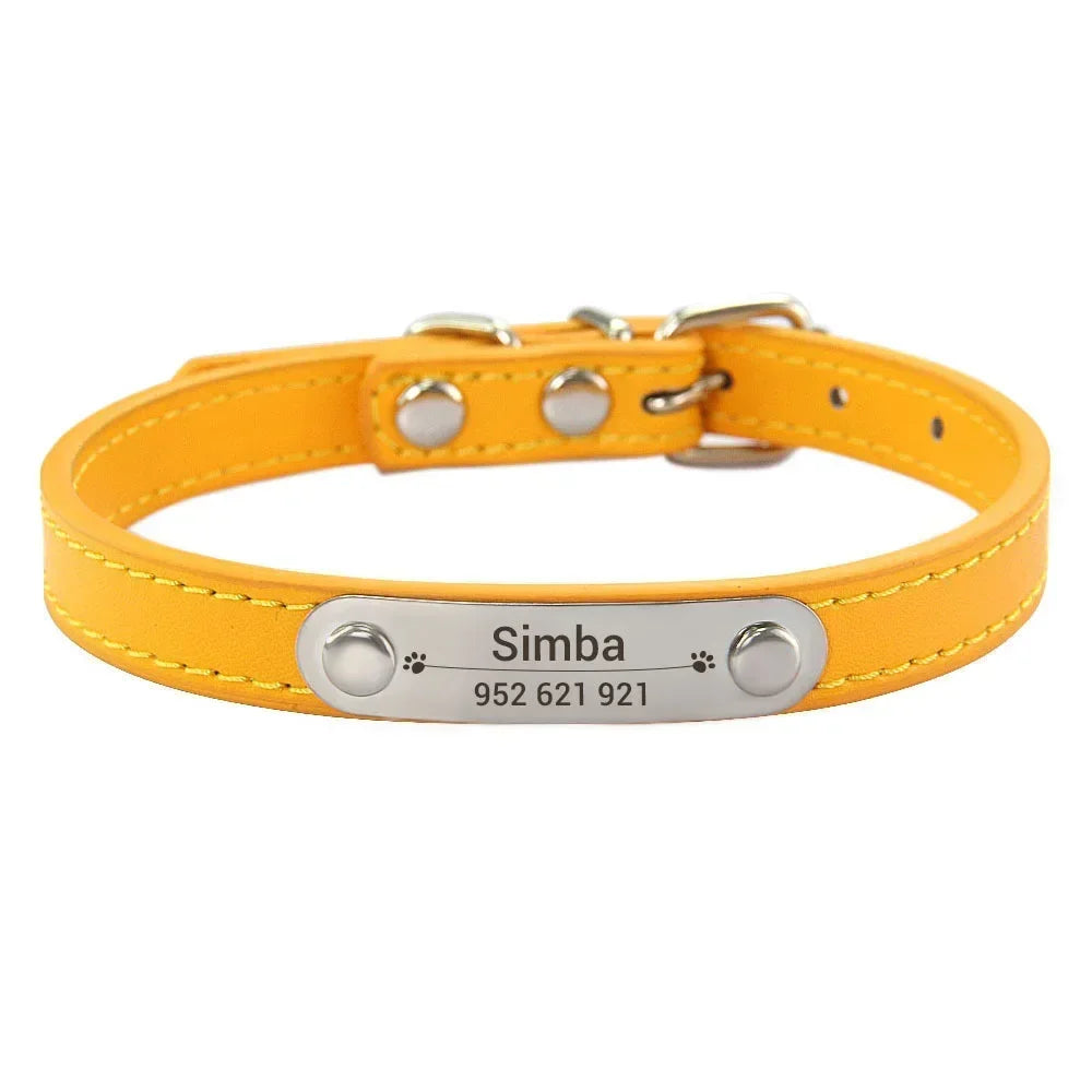 Personalized Dog Collar Name Carved ID Anti-lost Solid PU Leather Collar