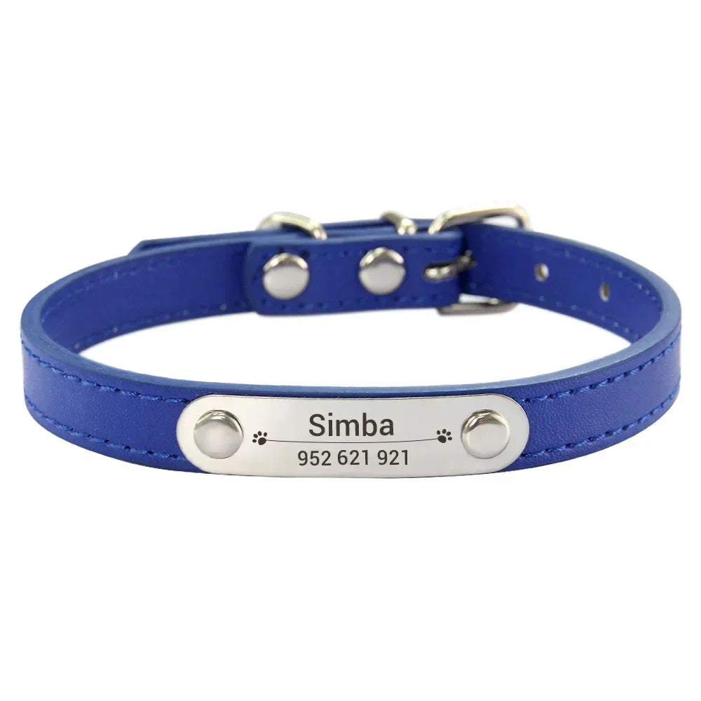 Personalized Dog Collar Name Carved ID Anti-lost Solid PU Leather Collar