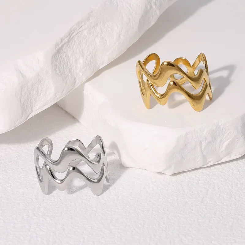 Wave Rings Gold Color Adjustable Opening Ring