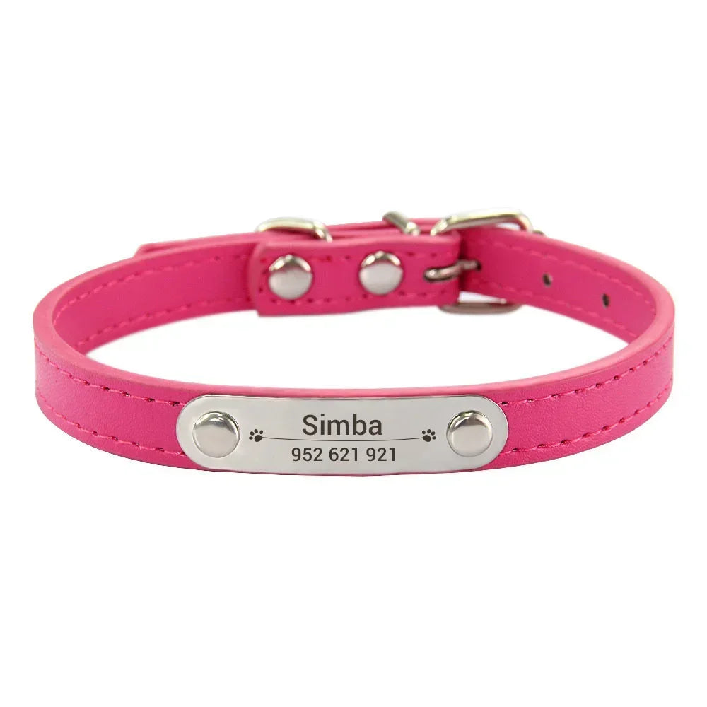 Personalized Dog Collar Name Carved ID Anti-lost Solid PU Leather Collar