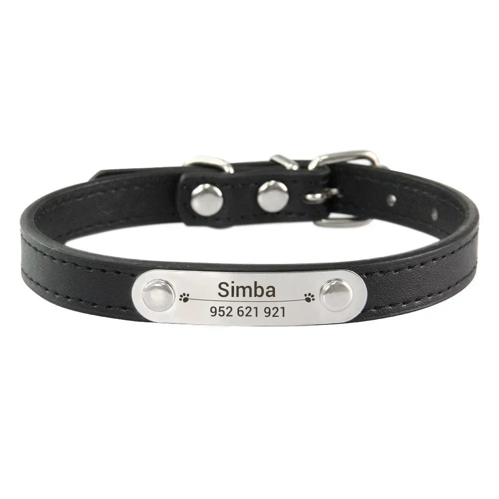Personalized Dog Collar Name Carved ID Anti-lost Solid PU Leather Collar