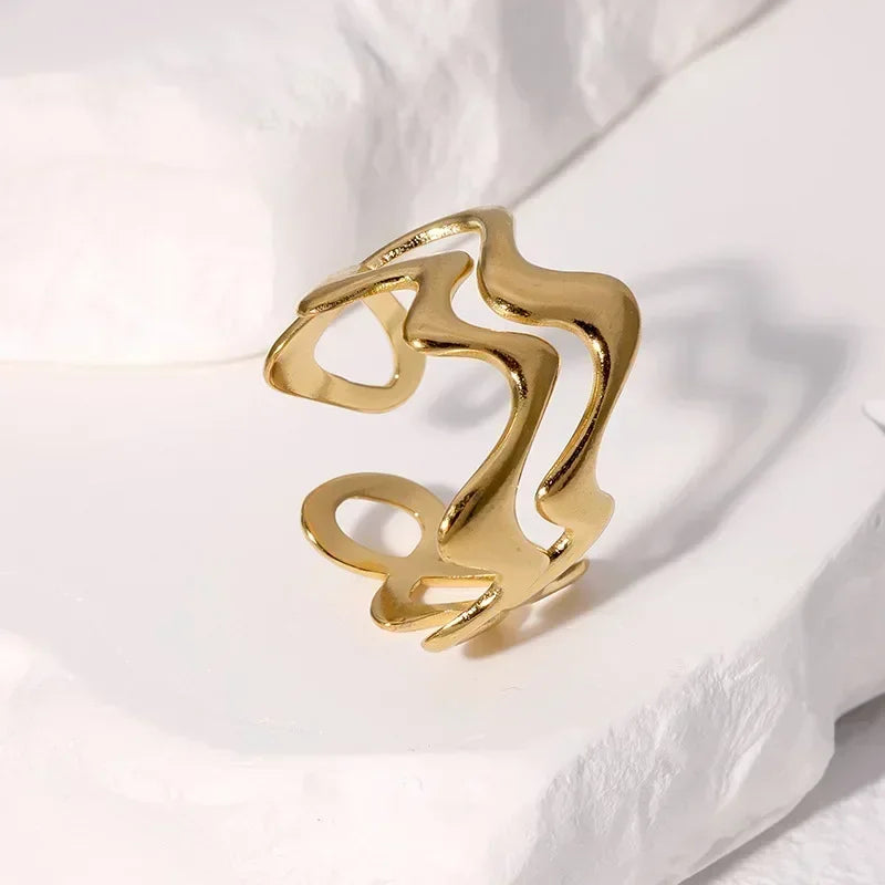 Wave Rings Gold Color Adjustable Opening Ring