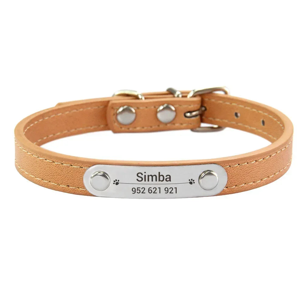 Personalized Dog Collar Name Carved ID Anti-lost Solid PU Leather Collar
