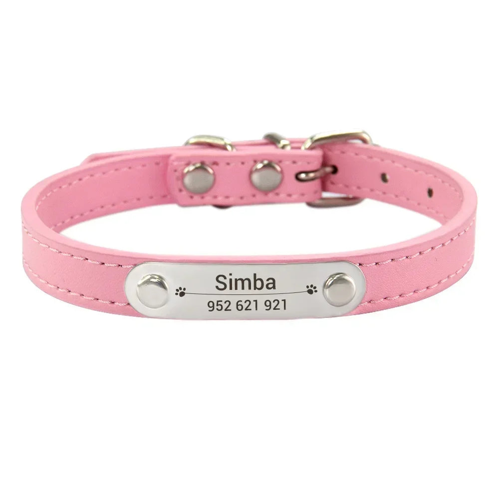 Personalized Dog Collar Name Carved ID Anti-lost Solid PU Leather Collar