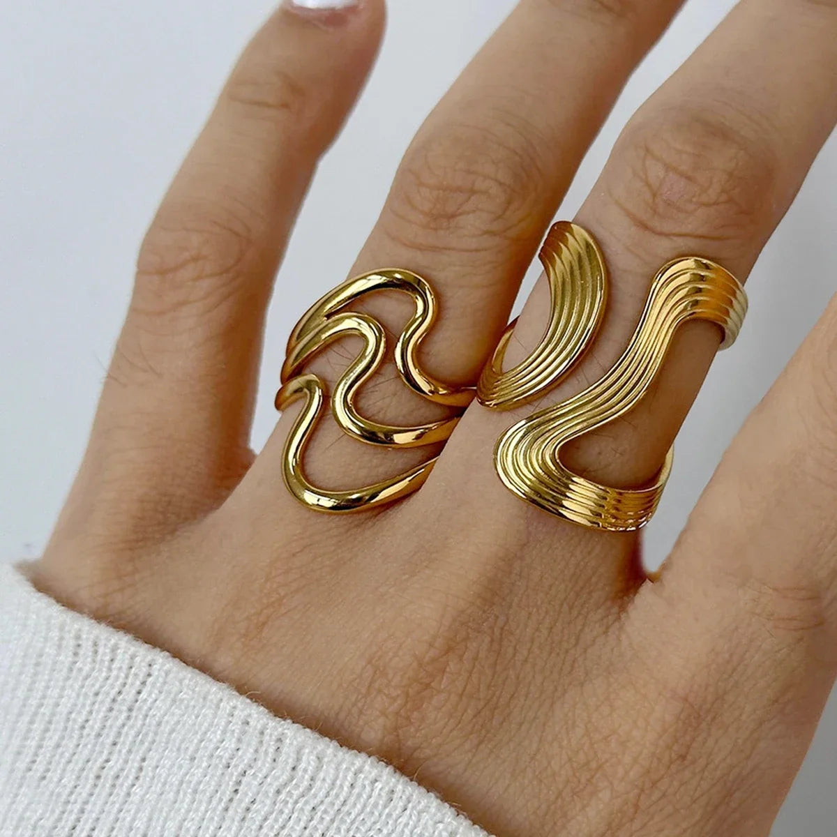 Wave Rings Gold Color Adjustable Opening Ring