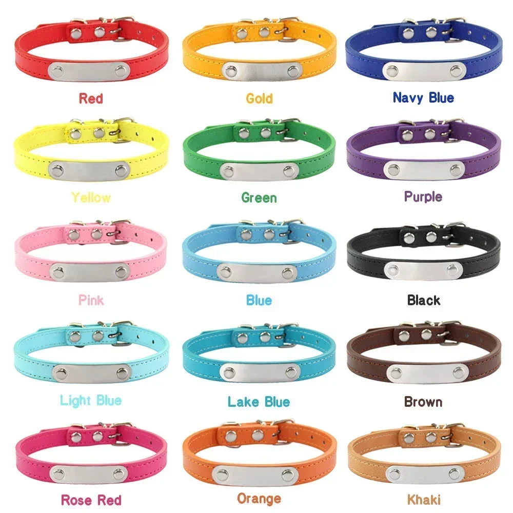 Personalized Dog Collar Name Carved ID Anti-lost Solid PU Leather Collar