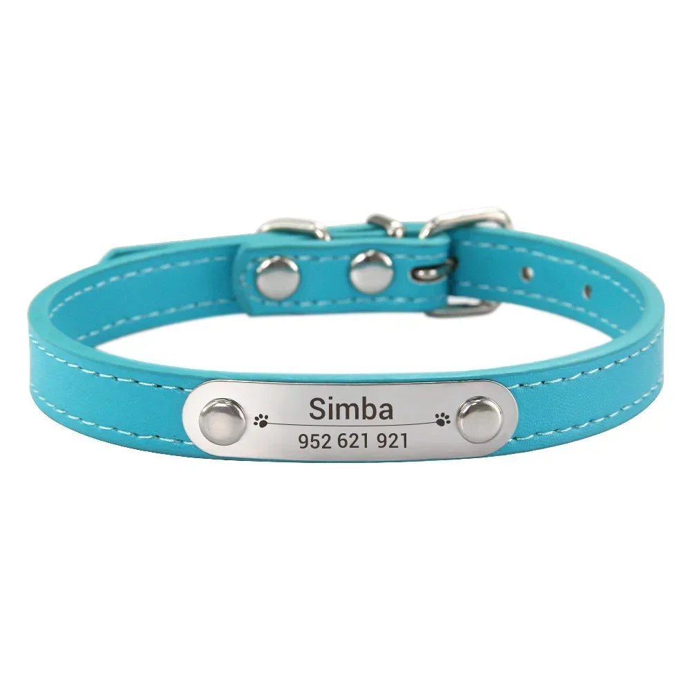 Personalized Dog Collar Name Carved ID Anti-lost Solid PU Leather Collar