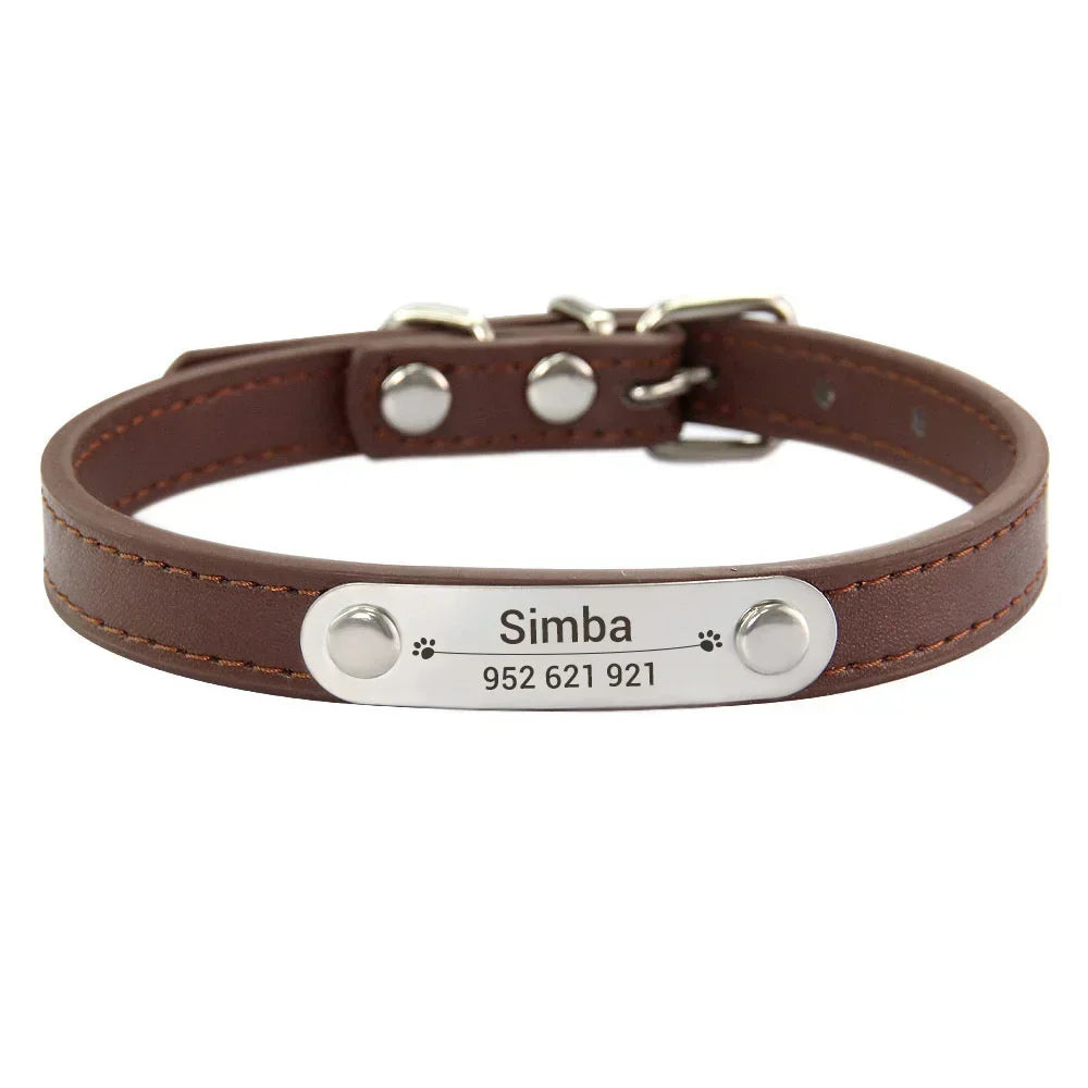 Personalized Dog Collar Name Carved ID Anti-lost Solid PU Leather Collar
