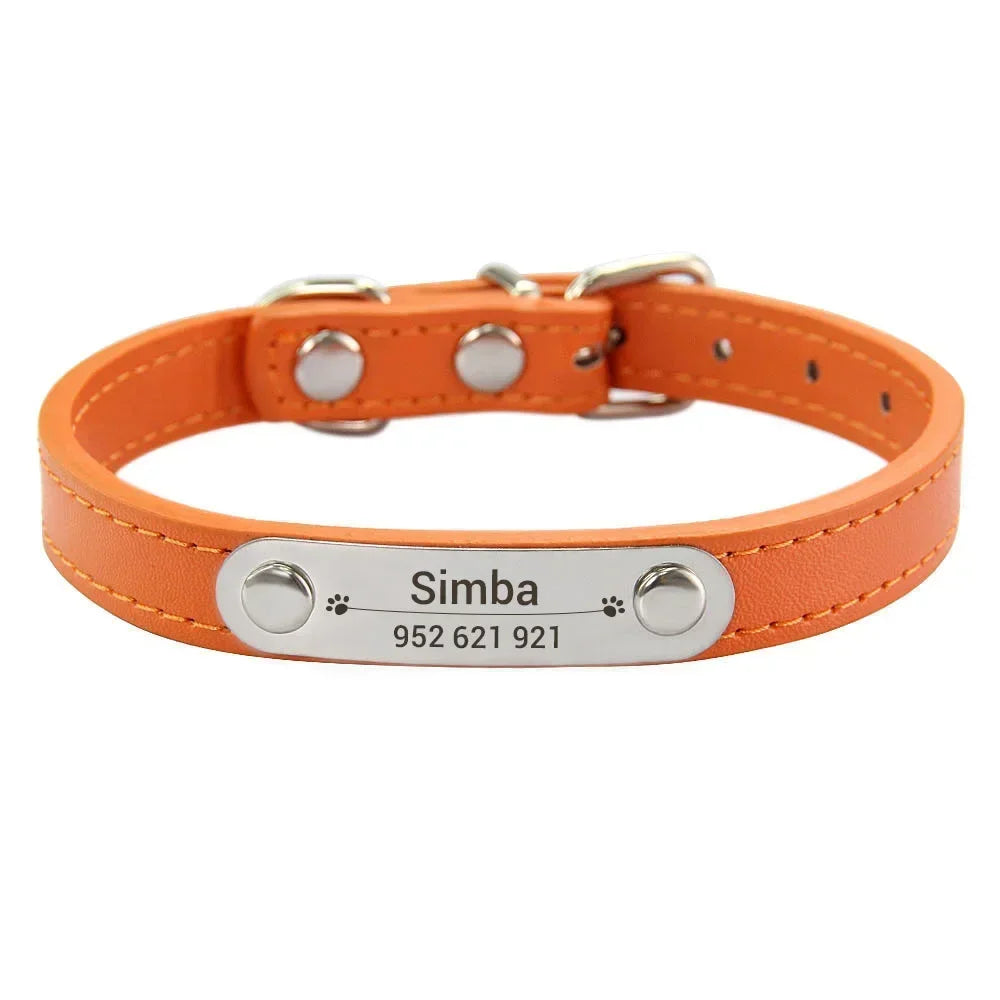 Personalized Dog Collar Name Carved ID Anti-lost Solid PU Leather Collar