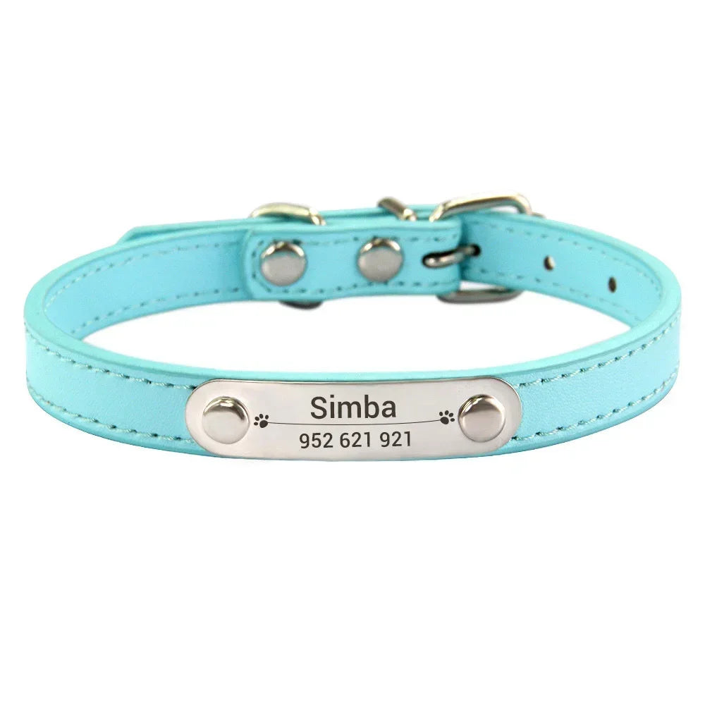 Personalized Dog Collar Name Carved ID Anti-lost Solid PU Leather Collar
