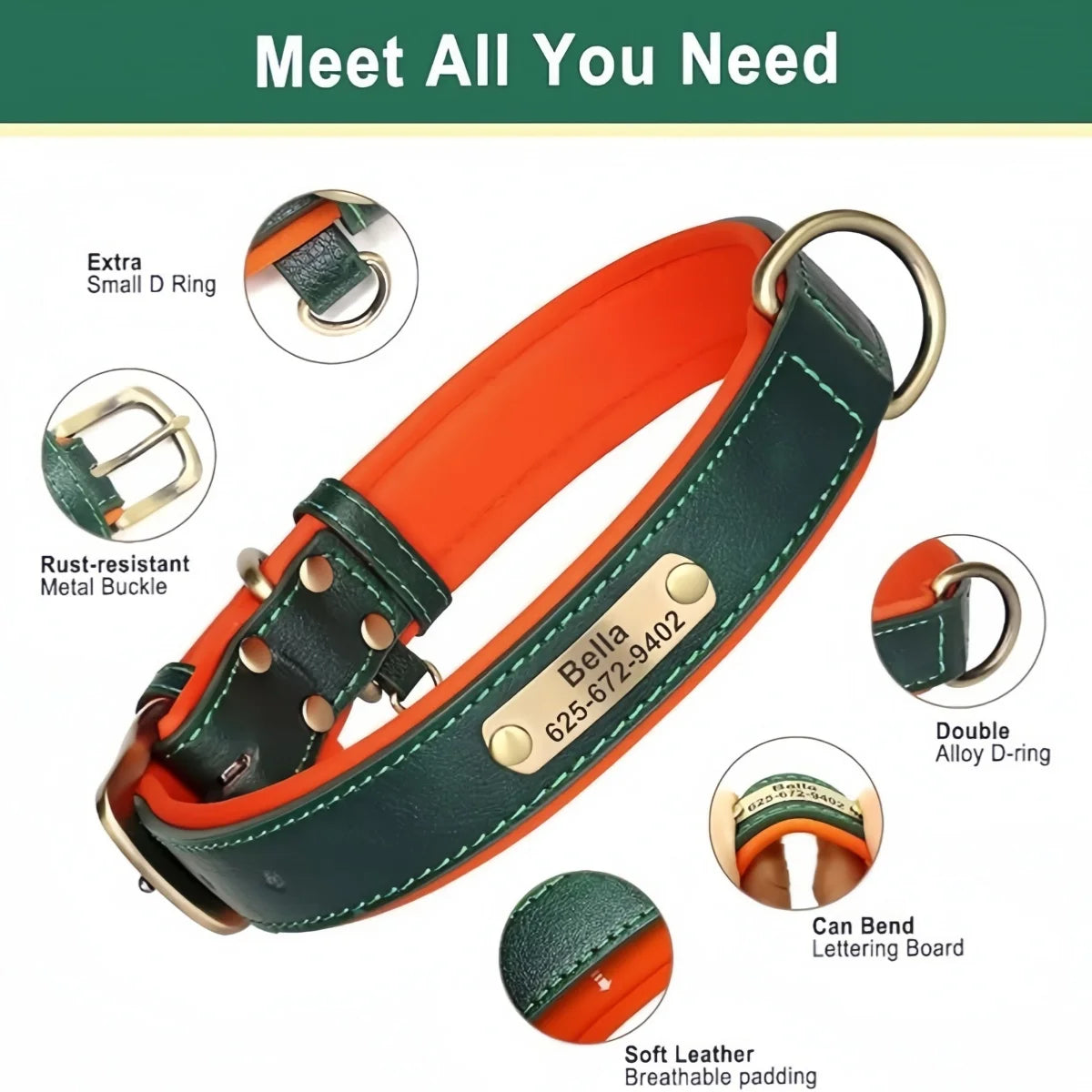 Personalized Customized Leather ID Nameplate Dog Collar Soft Padded
