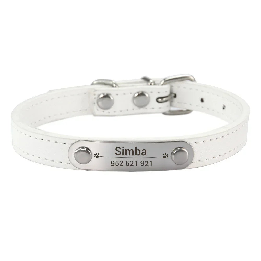 Personalized Dog Collar Name Carved ID Anti-lost Solid PU Leather Collar