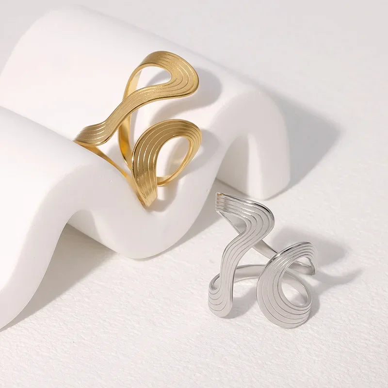 Wave Rings Gold Color Adjustable Opening Ring