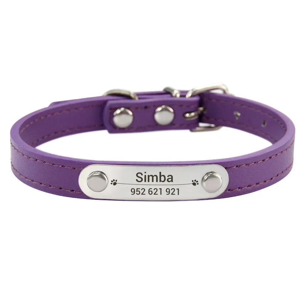 Personalized Dog Collar Name Carved ID Anti-lost Solid PU Leather Collar