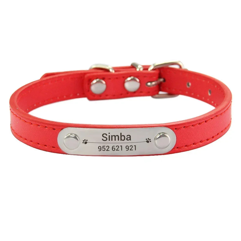 Personalized Dog Collar Name Carved ID Anti-lost Solid PU Leather Collar