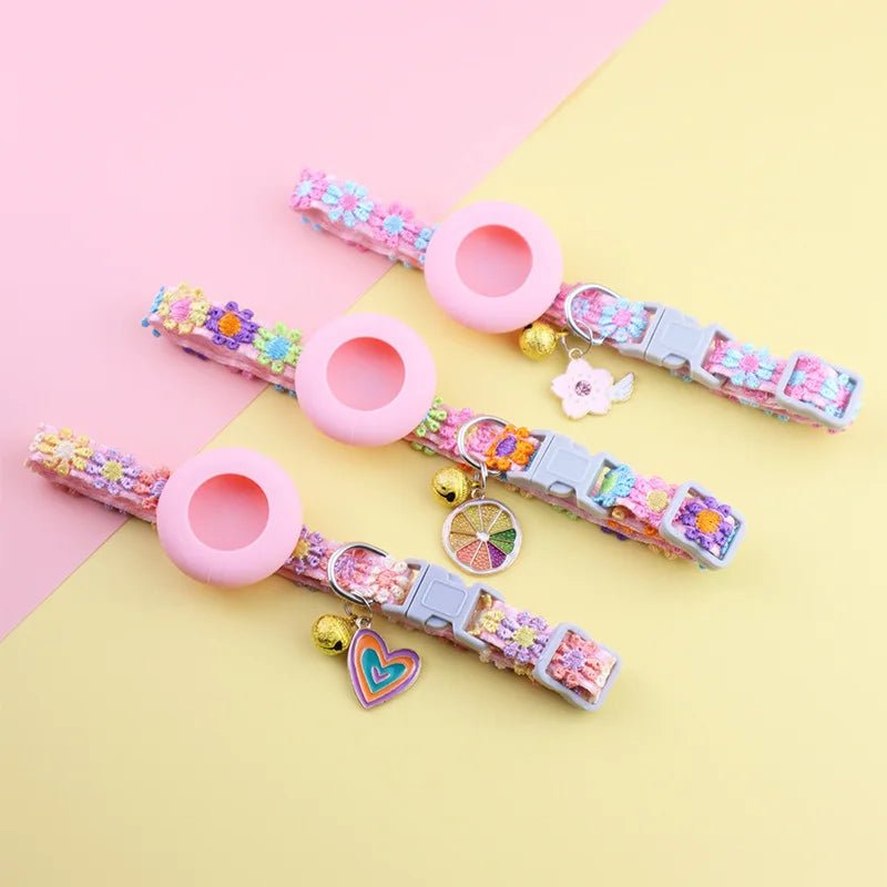 For Airtag Cat Collar with Heart Pendant Flower Positioning Cover