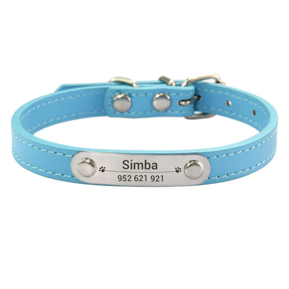 Personalized Dog Collar Name Carved ID Anti-lost Solid PU Leather Collar