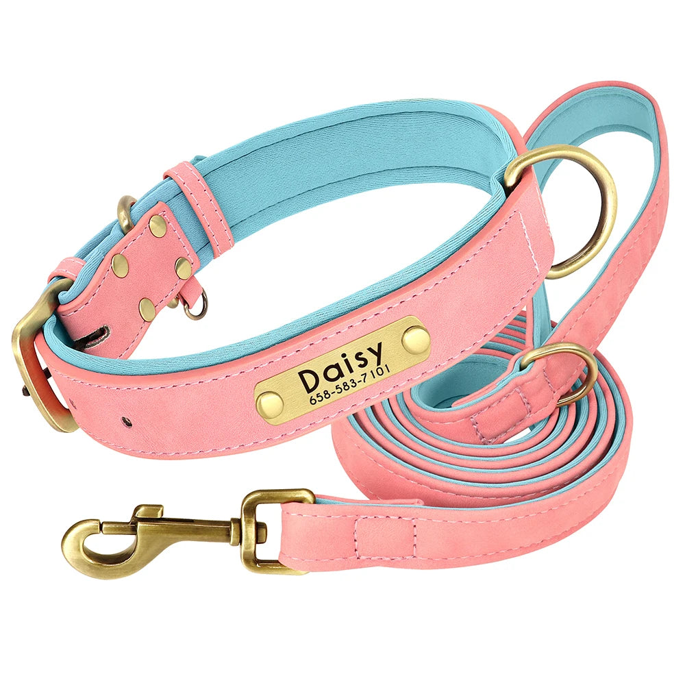 Customized Leather Dog Collar Leash Set Soft Padded Leather Collar
