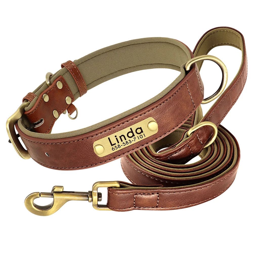 Customized Leather Dog Collar Leash Set Soft Padded Leather Collar